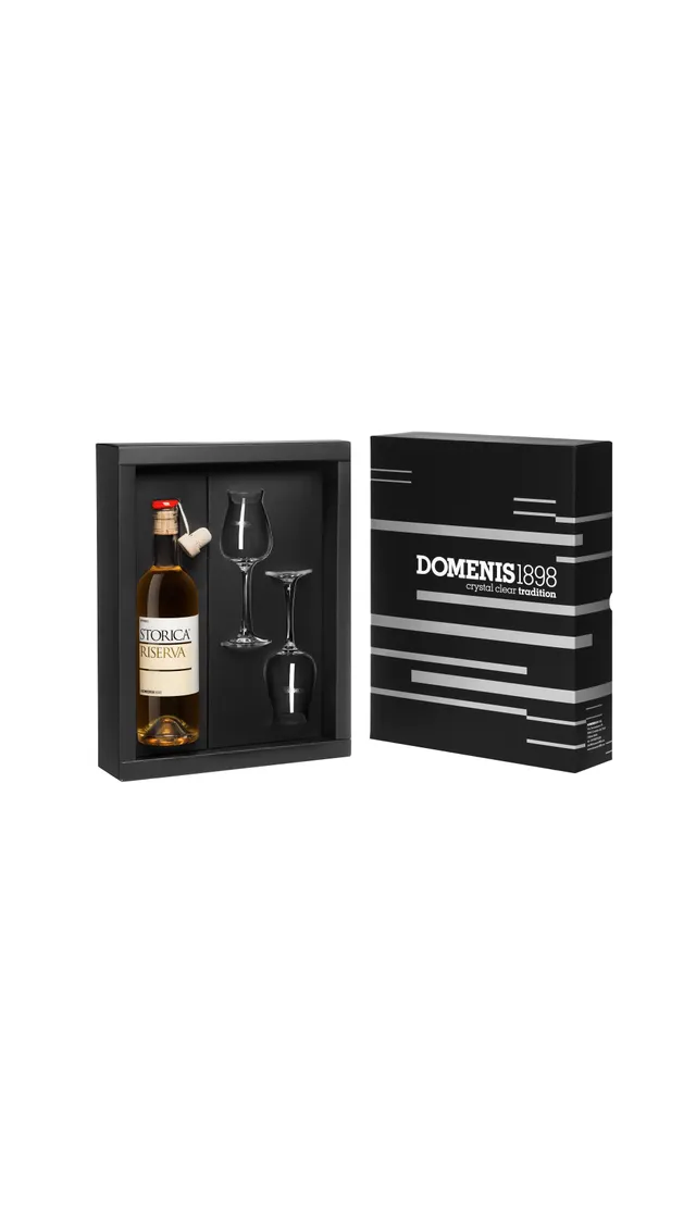 domenis1898-storica-riserva-50-cl-grappa-ambrata-con-2-calici-serigrafati image 1